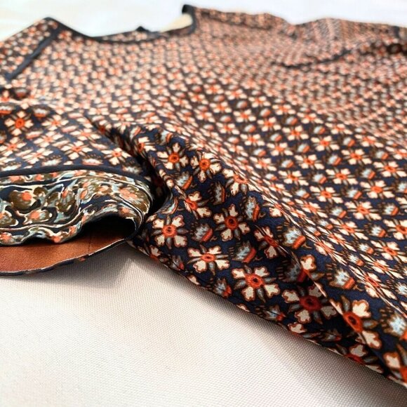 TORY BURCH 100% SILK SHORT SLEEVE BOXY TOP IN ORANGE BLUE FLORAL GEO PATTERN - 2 - Picture 8 of 10